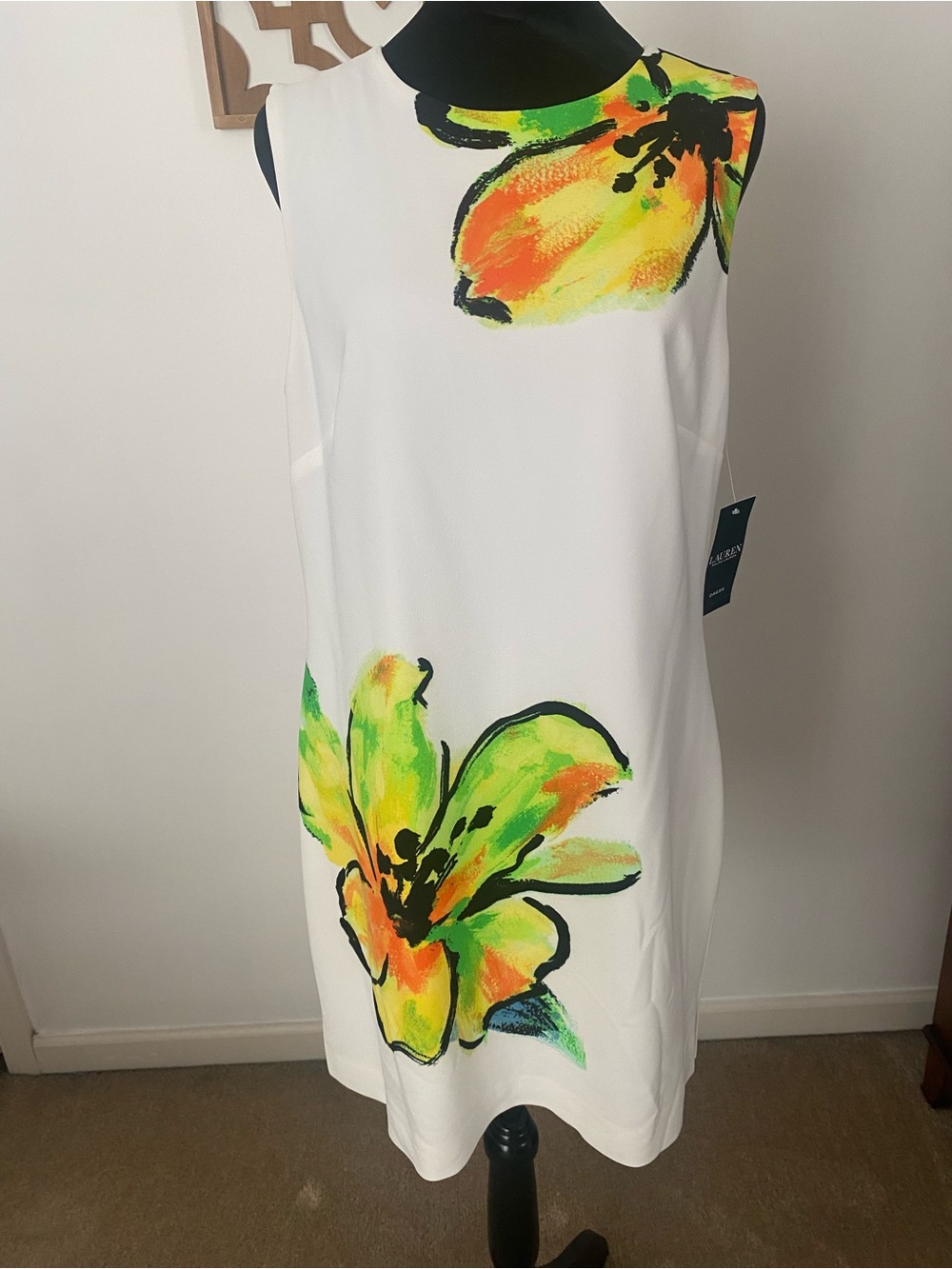 Ralph Lauren White Sleeveless Mini Dress with Neon Floral Print